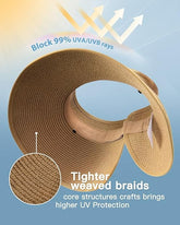 FURTALK - Sombreros enrollables de paja para mujer, con visera ancha, para la playa, para usar con cola alta en el cabello, protección contra rayos ultravioleta, plegables, para viajes y actividades en el exterior.